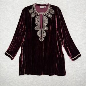 Chicos Tunic Women 2 Large Velvet Embroidered Beaded Top Burgundy Boho‎ **FLAW**